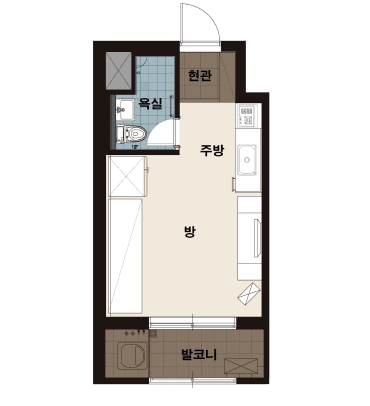성남동 21㎡ - 현관, 방1, 욕실, 주방, 발코니가 위치한 평면도