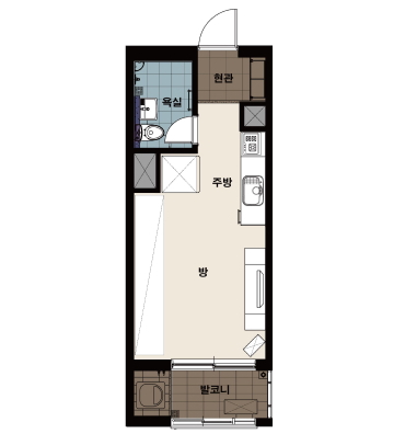 오류동 21㎡ - 현관, 욕실, 주방, 방, 발코니가 위치한 평면도