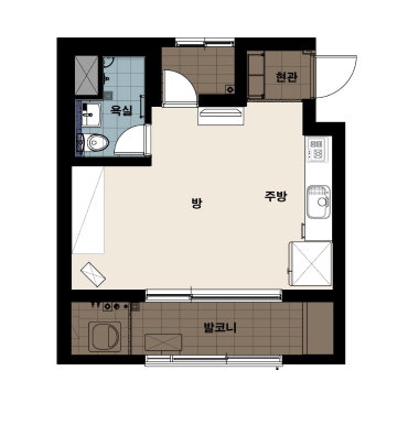 오류동 24㎡ - 현관, 주방, 방, 욕실, 발코니가 위치한 평면도