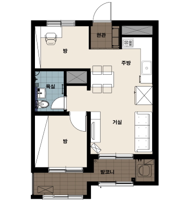 오류동 39㎡ - 현관, 방2, 주방, 욕실, 거실, 발코니가 위치한 평면도